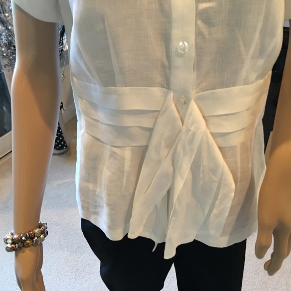 White Linen Tie Waist Short Sleeve Buttoned Blouse - Picture 3 of 7